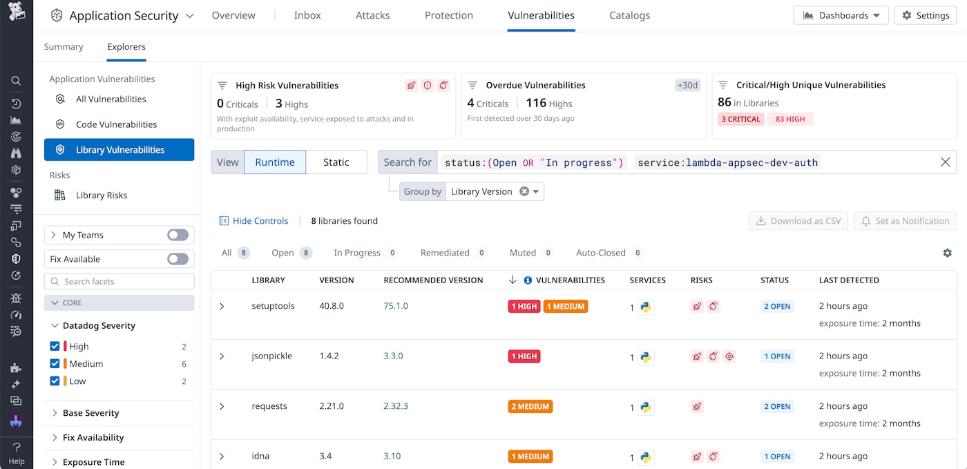 A list of vulnerabilities within your libraries, displayed in the Application Security Management Vulnerability Explorer. A list of vulnerabilities within your libraries, displayed in the Application Security Management Vulnerability Explorer.