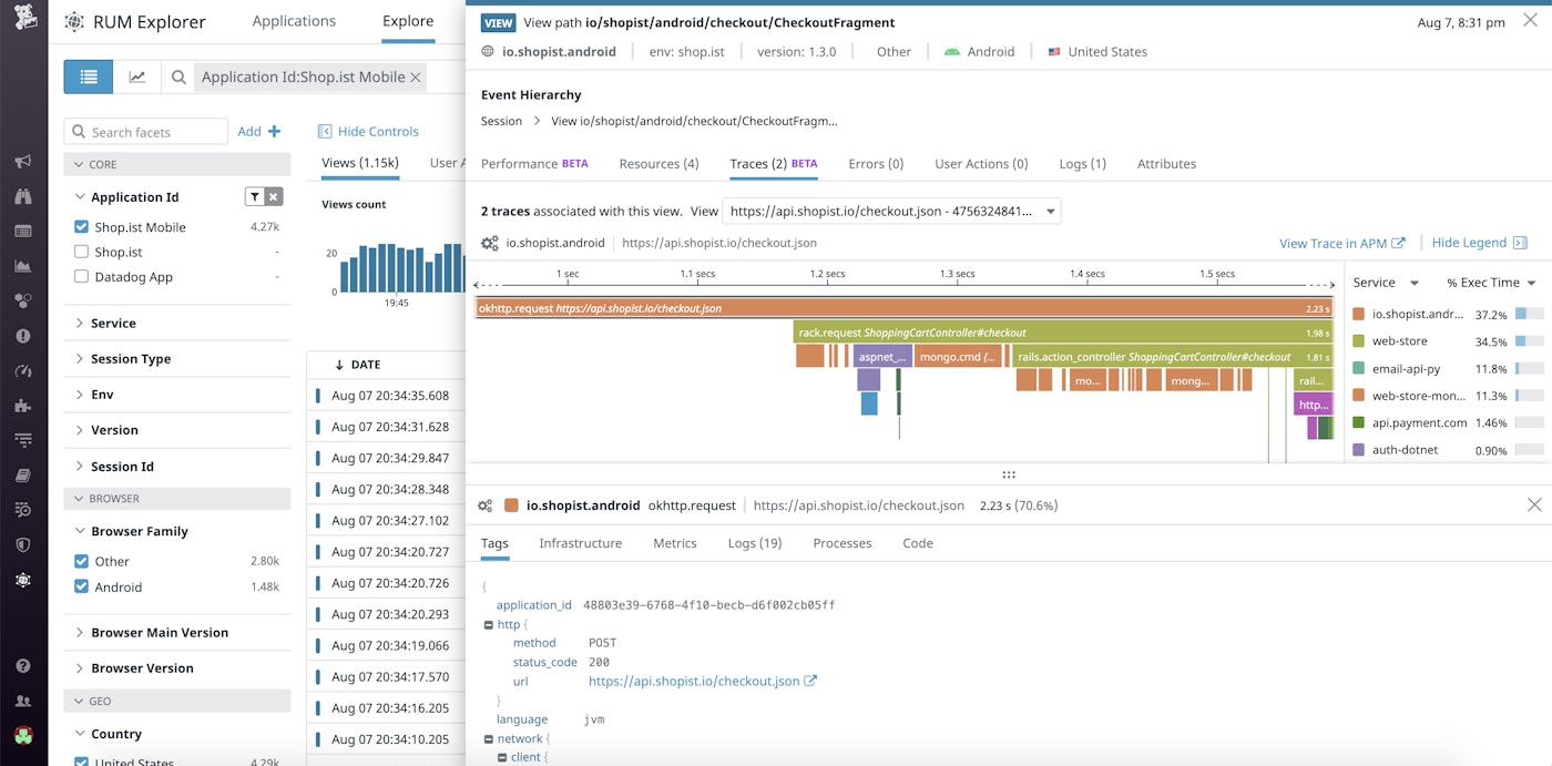 Correlate RUM data with APM to get even deeper insights for troubleshooting. Correlate RUM data with APM to get even deeper insights for troubleshooting.
