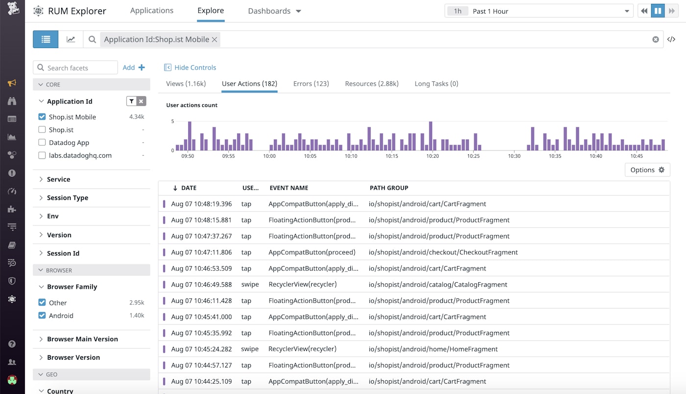 Mobile RUM collects user actions like taps and swipes to show you how your users are interacting on different screens. Mobile RUM collects user actions like taps and swipes to show you how your users are interacting on different screens.