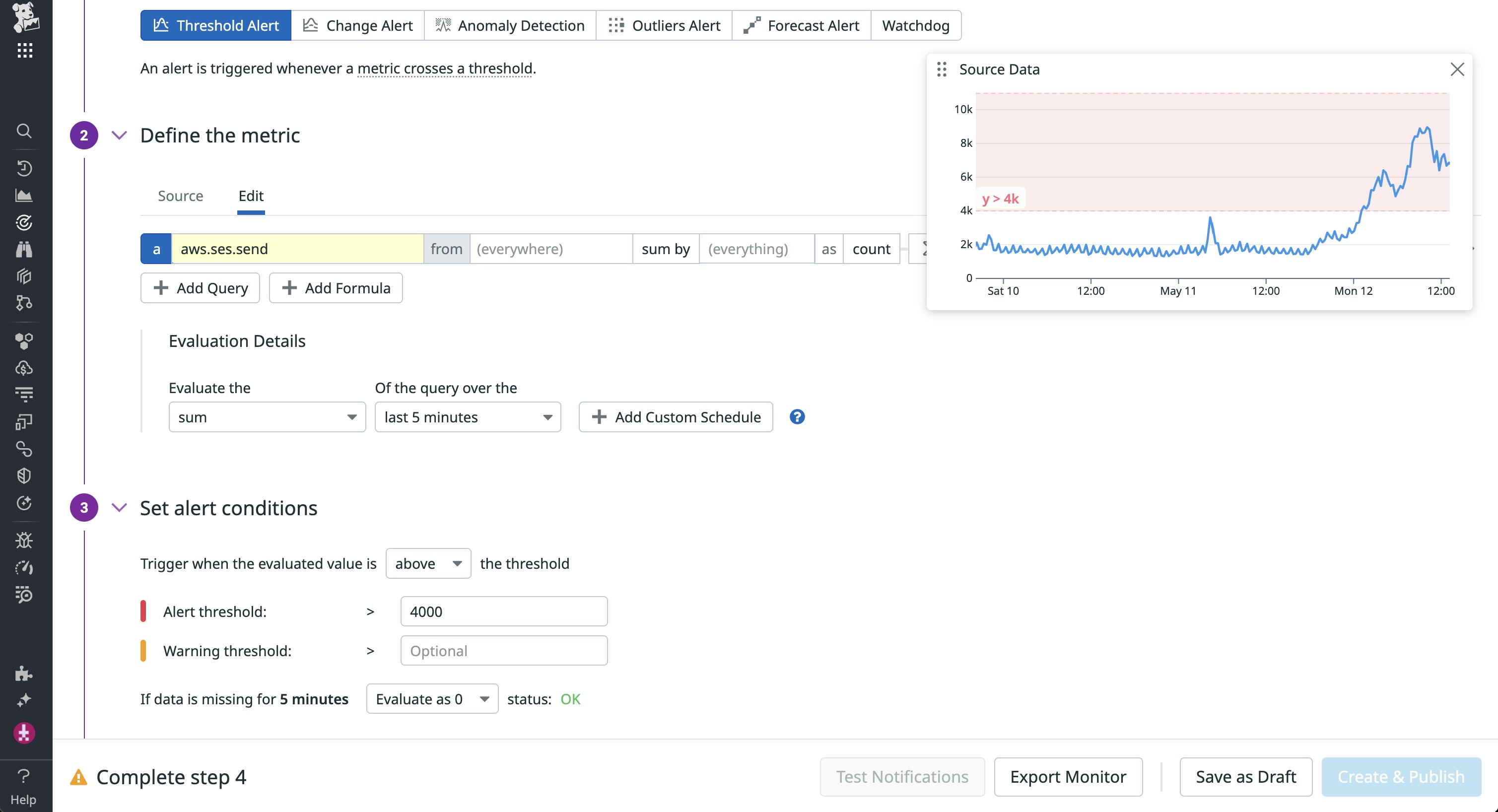 Datadog threshold monitor that tracks the Amazon SES send metric. Datadog threshold monitor that tracks the Amazon SES send metric.