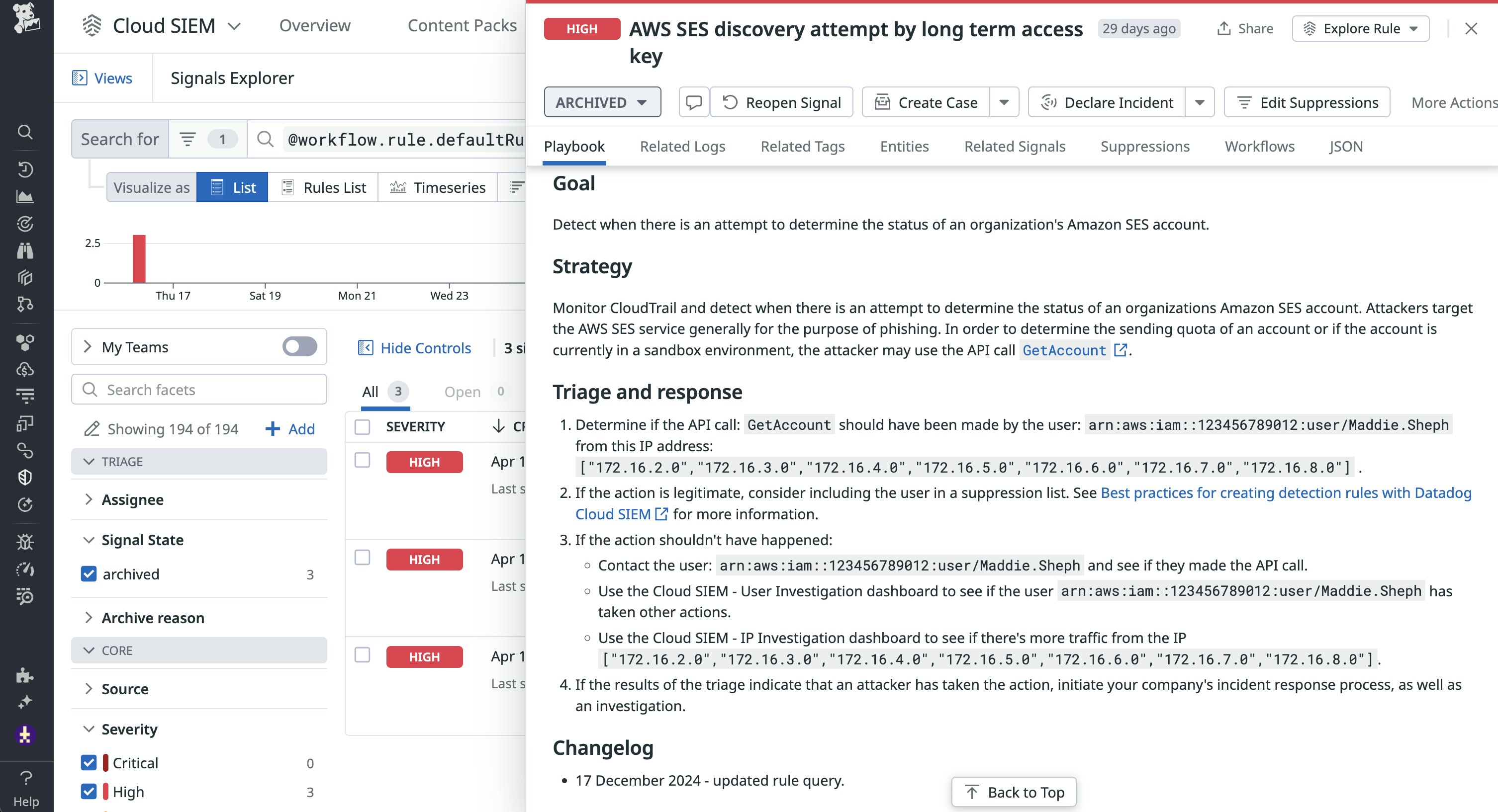 Datadog Cloud SIEM signal that shows an Amazon SES discovery attempt. Datadog Cloud SIEM signal that shows an Amazon SES discovery attempt.