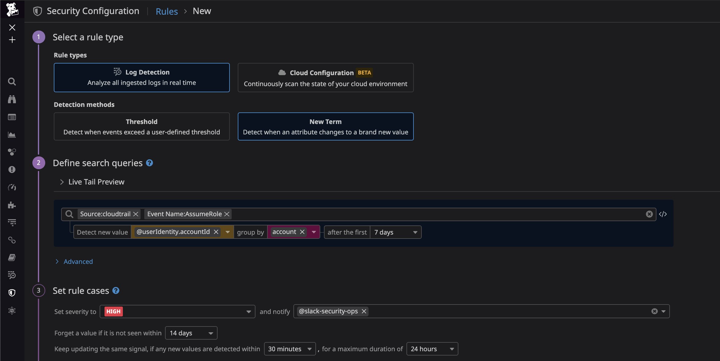 You can create Detection Rules that use the new term detection method to detect novel activity in your environment, such as an unauthorized third party attempting to access your AWS resources. You can create Detection Rules that use the new term detection method to detect novel activity in your environment, such as an unauthorized third party attempting to access your AWS resources.