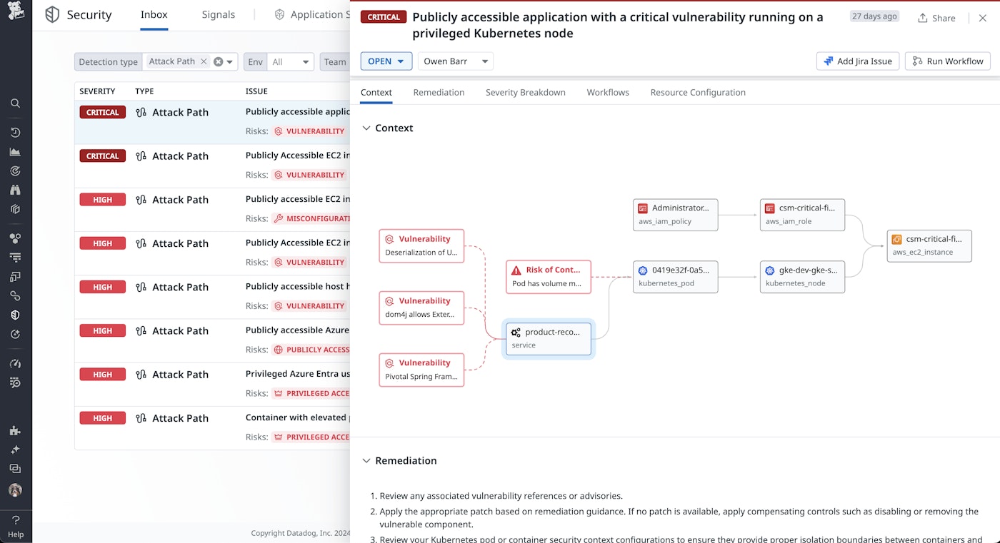 Datadog Security Inbox provides insights into the attack path Datadog Security Inbox provides insights into the attack path