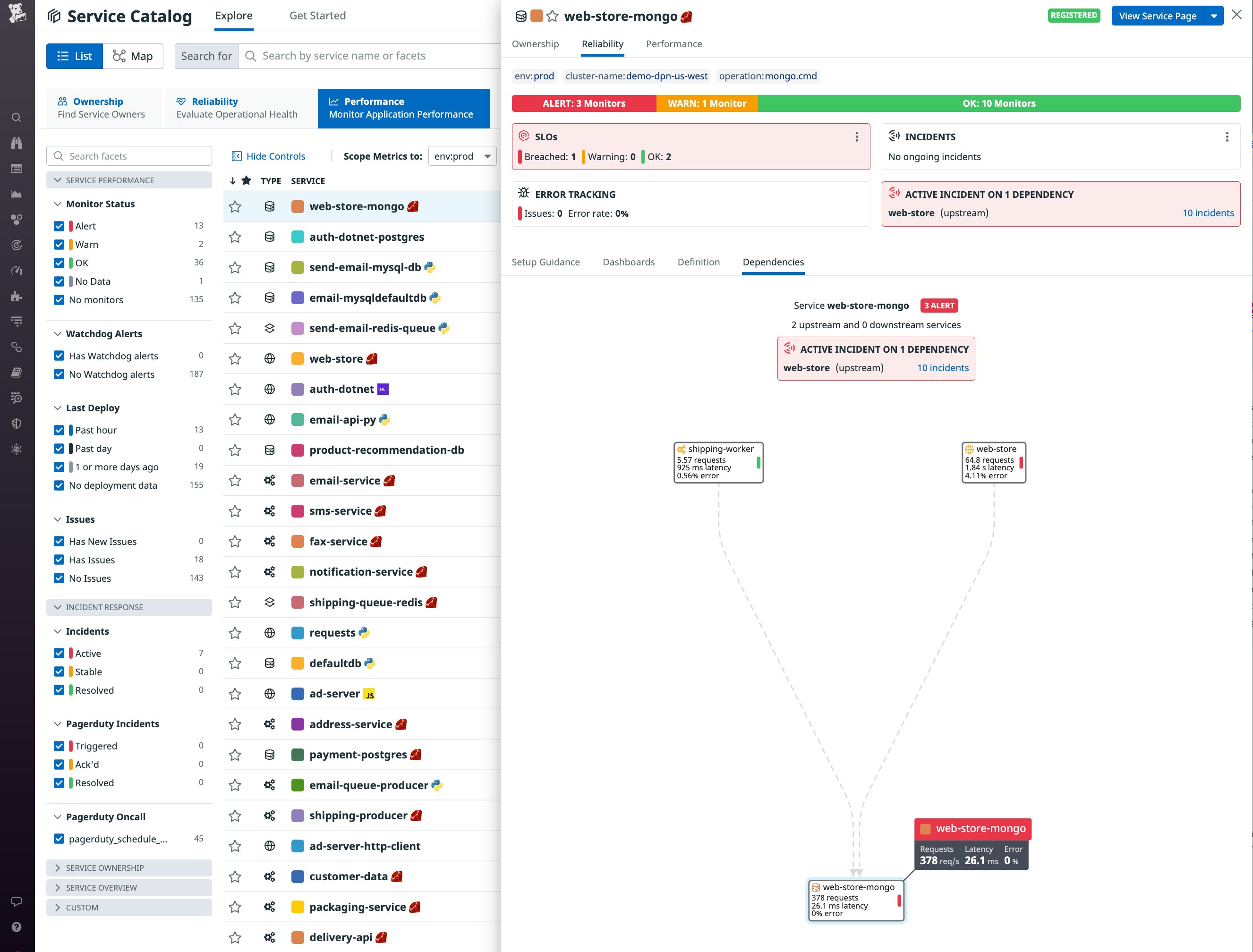 The Datadog Software Catalog page shows a list of services filtered by team and monitor status. The dependencies map for the web store service shows that service's dependencies. The Datadog Software Catalog page shows a list of services filtered by team and monitor status. The dependencies map for the web store service shows that service's dependencies.