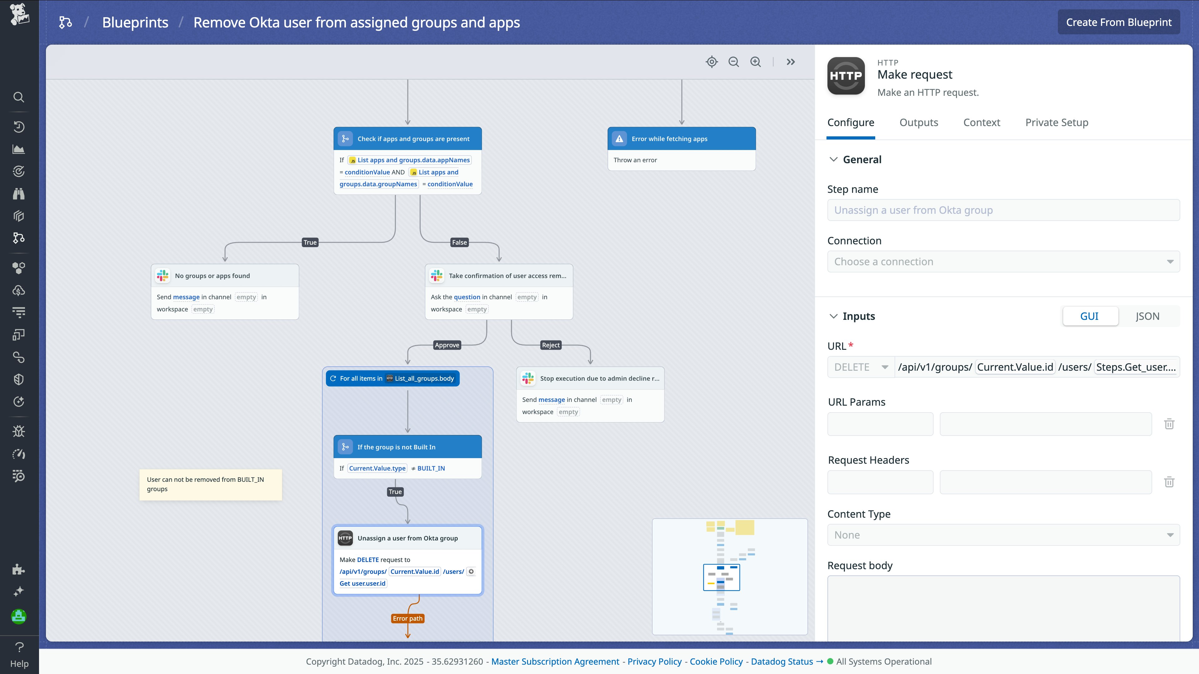The SOAR workflow blueprint that automates removing an Okta user from assigned groups and apps. The SOAR workflow blueprint that automates removing an Okta user from assigned groups and apps.