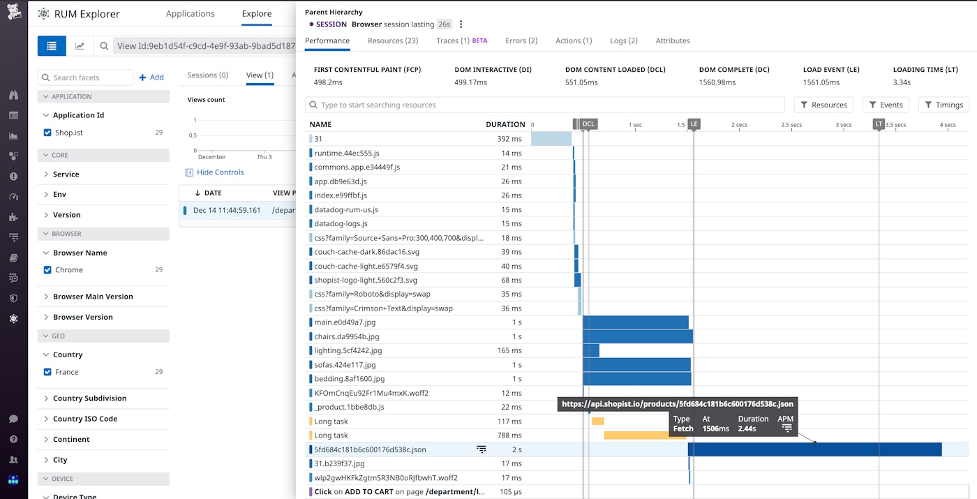 Datadog RUM shows the duration of loading each frontend resource. Datadog RUM shows the duration of loading each frontend resource.